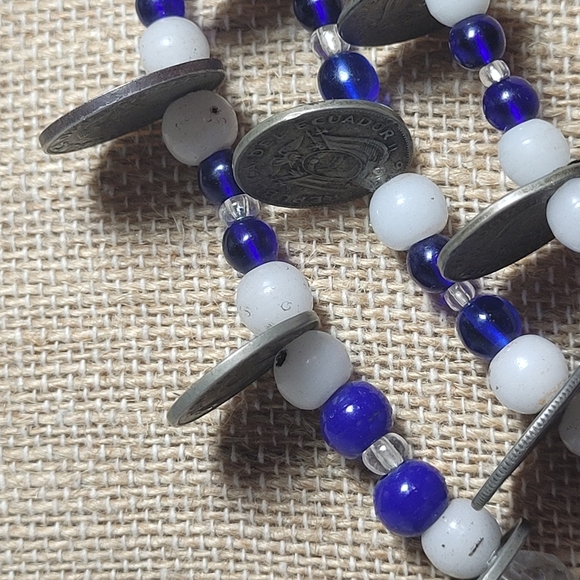 Otavalo 3 Strand Trade Bead Glass & 5 Centavo Coins Necklace Blue & White 24" - Picture 12 of 14